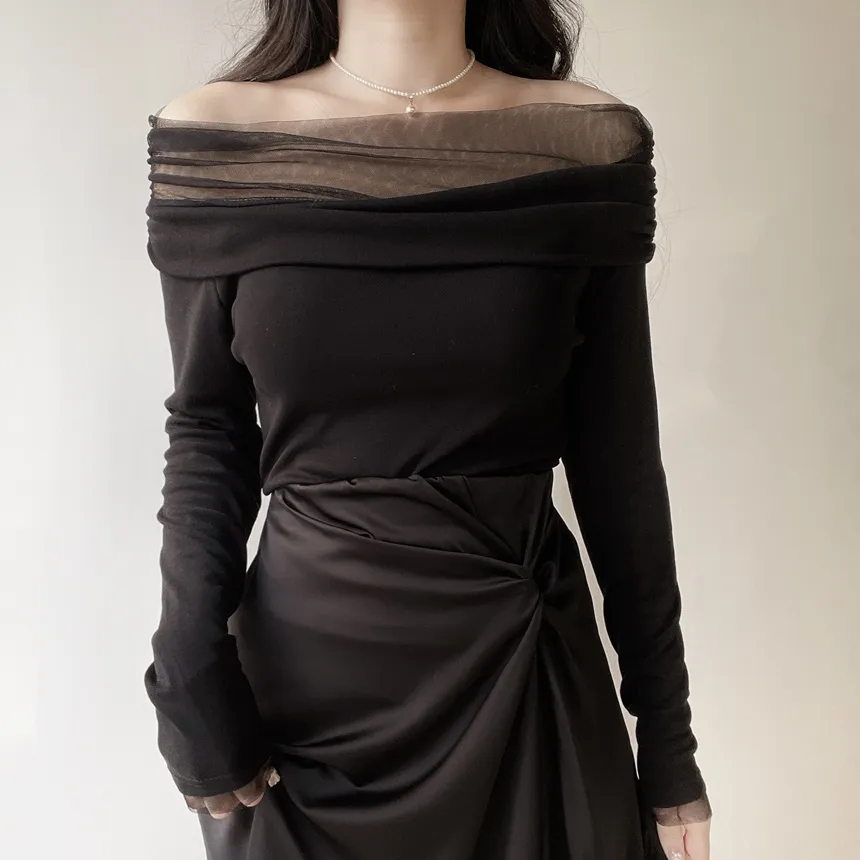 メッシュオフショルダーシャーリング長袖Tシャツ | mirangmirang | 詳細画像21