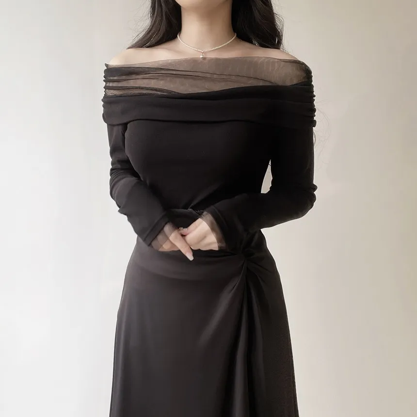 メッシュオフショルダーシャーリング長袖Tシャツ | mirangmirang | 詳細画像30