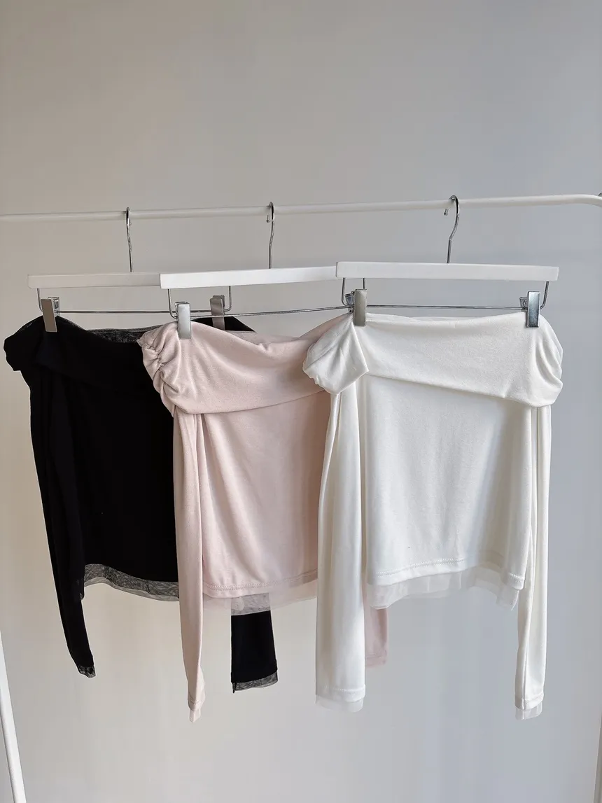 メッシュオフショルダーシャーリング長袖Tシャツ | mirangmirang | 詳細画像31