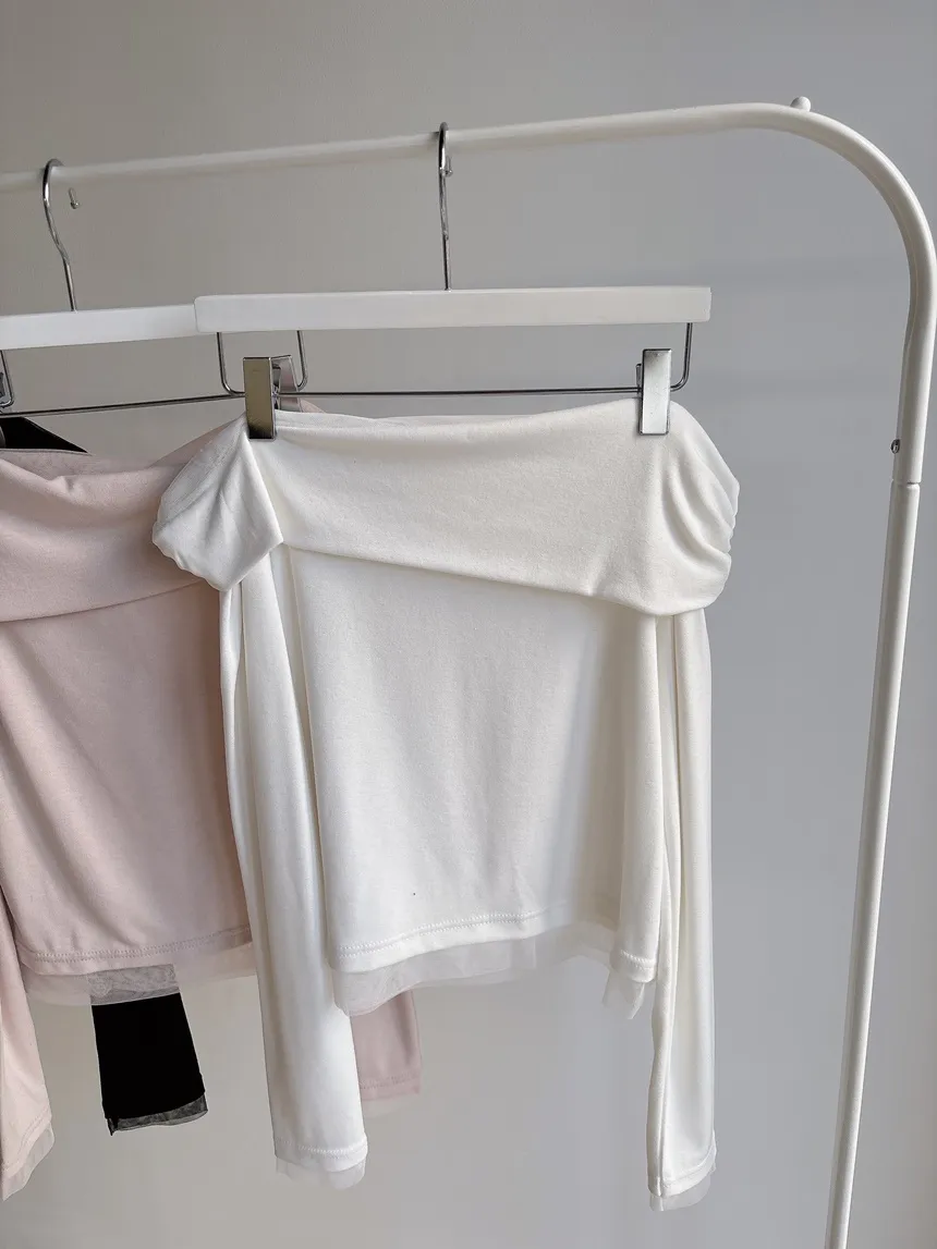 メッシュオフショルダーシャーリング長袖Tシャツ | mirangmirang | 詳細画像32