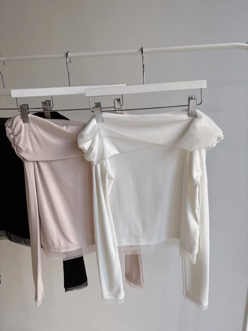 メッシュオフショルダーシャーリング長袖Tシャツ | mirangmirang | 詳細画像33