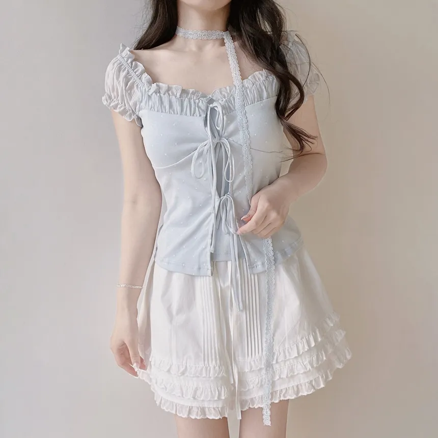 リボン(固定)シャーリングフリルレイヤード風半袖ドットTシャツストラップ付 | mirangmirang | 詳細画像8