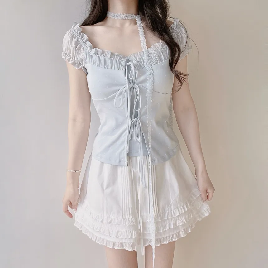 リボン(固定)シャーリングフリルレイヤード風半袖ドットTシャツストラップ付 | mirangmirang | 詳細画像9