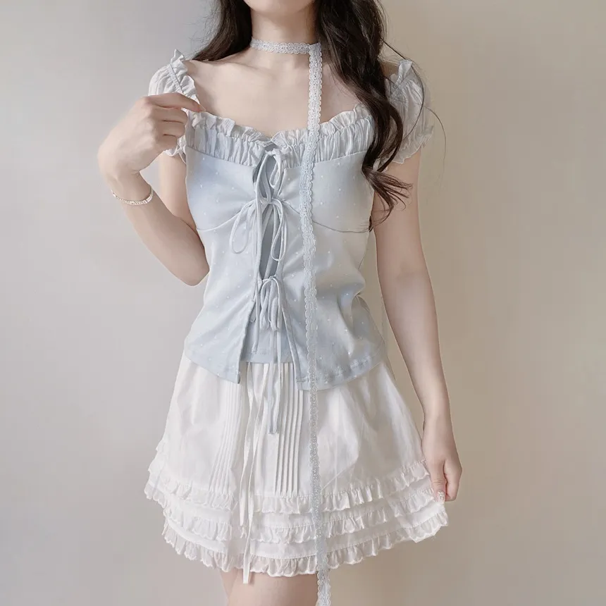 リボン(固定)シャーリングフリルレイヤード風半袖ドットTシャツストラップ付 | mirangmirang | 詳細画像10