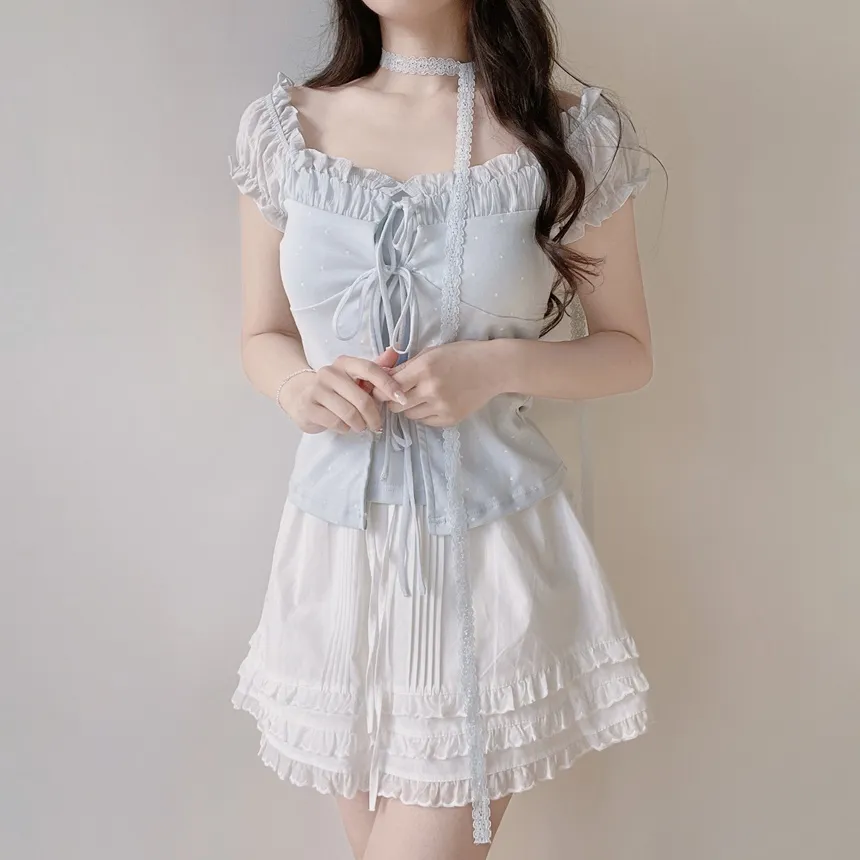 リボン(固定)シャーリングフリルレイヤード風半袖ドットTシャツストラップ付 | mirangmirang | 詳細画像11