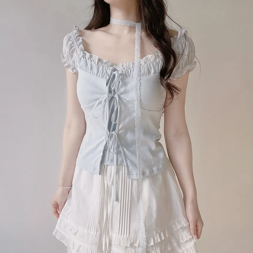 リボン(固定)シャーリングフリルレイヤード風半袖ドットTシャツストラップ付 | mirangmirang | 詳細画像15