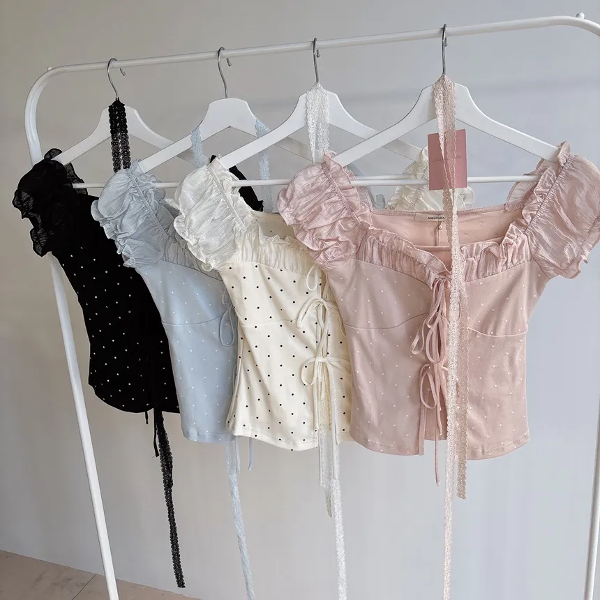 リボン(固定)シャーリングフリルレイヤード風半袖ドットTシャツストラップ付 | mirangmirang | 詳細画像16