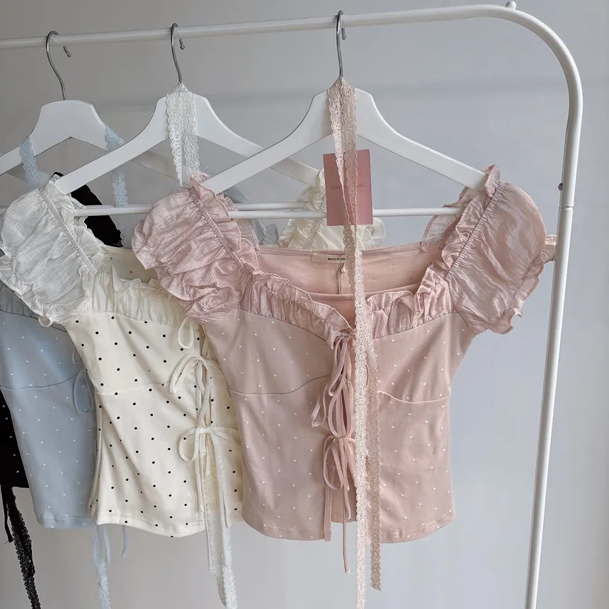 リボン(固定)シャーリングフリルレイヤード風半袖ドットTシャツストラップ付 | mirangmirang | 詳細画像17