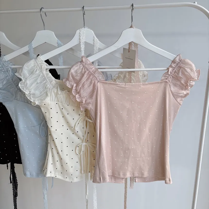 リボン(固定)シャーリングフリルレイヤード風半袖ドットTシャツストラップ付 | mirangmirang | 詳細画像19