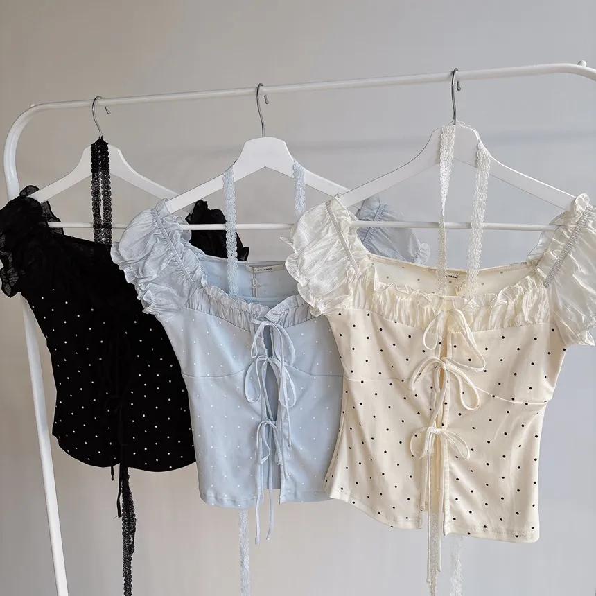 リボン(固定)シャーリングフリルレイヤード風半袖ドットTシャツストラップ付 | mirangmirang | 詳細画像20