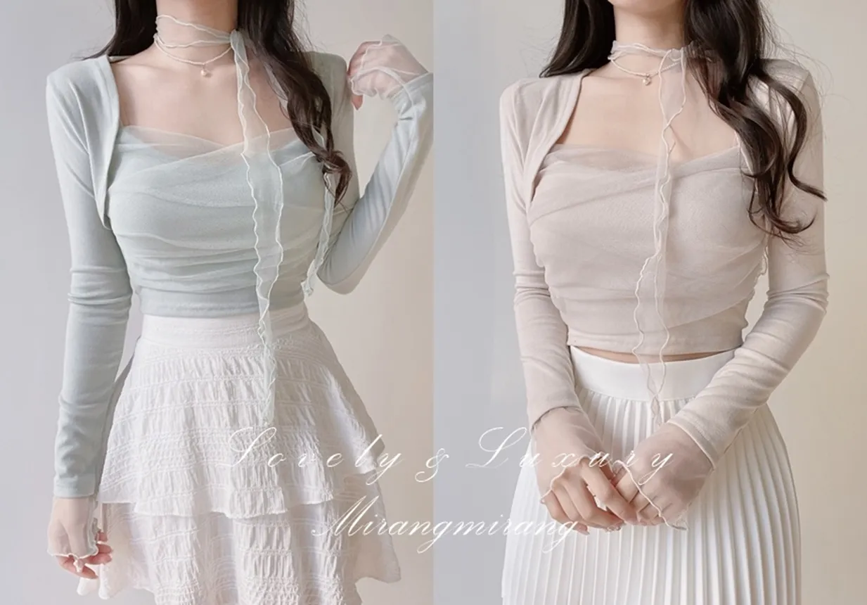 チュールシャーリングクロップドアンサンブルボレロカーディガンキャミソールストラップ付 | mirangmirang | 詳細画像1