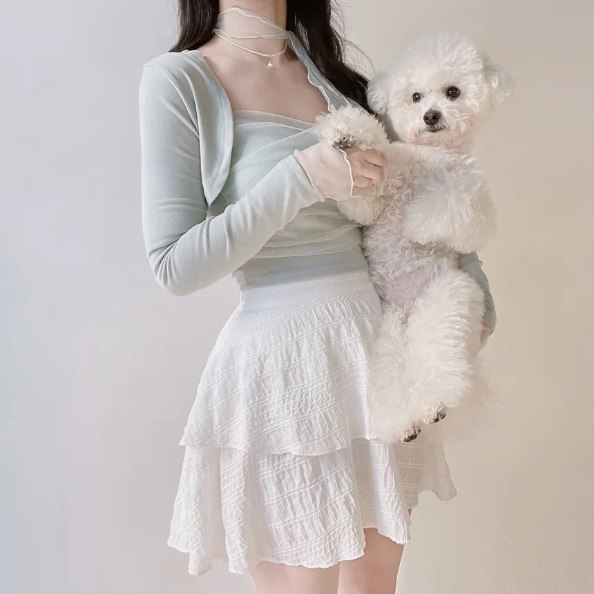 チュールシャーリングクロップドアンサンブルボレロカーディガンキャミソールストラップ付 | mirangmirang | 詳細画像3