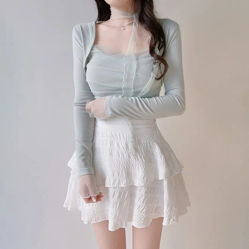 チュールシャーリングクロップドアンサンブルボレロカーディガンキャミソールストラップ付 | mirangmirang | 詳細画像6