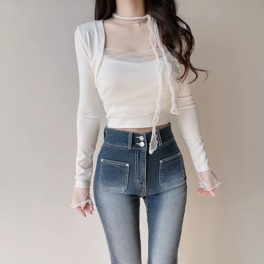 チュールシャーリングクロップドアンサンブルボレロカーディガンキャミソールストラップ付 | mirangmirang | 詳細画像7