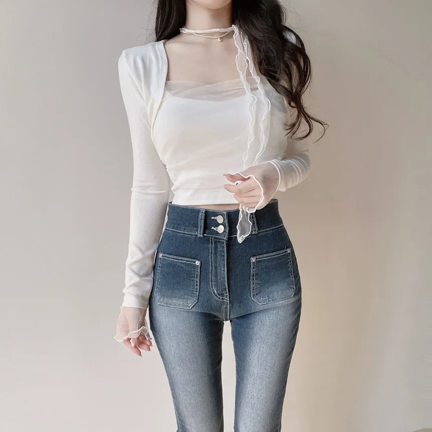 チュールシャーリングクロップドアンサンブルボレロカーディガンキャミソールストラップ付 | mirangmirang | 詳細画像8