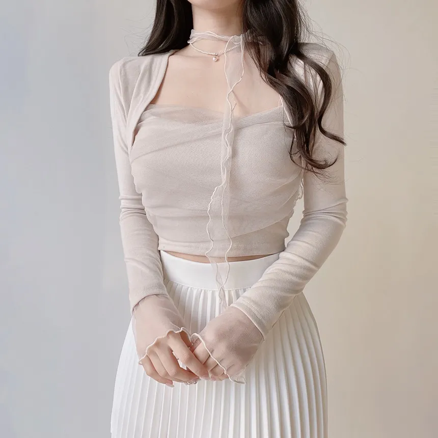 チュールシャーリングクロップドアンサンブルボレロカーディガンキャミソールストラップ付 | mirangmirang | 詳細画像21