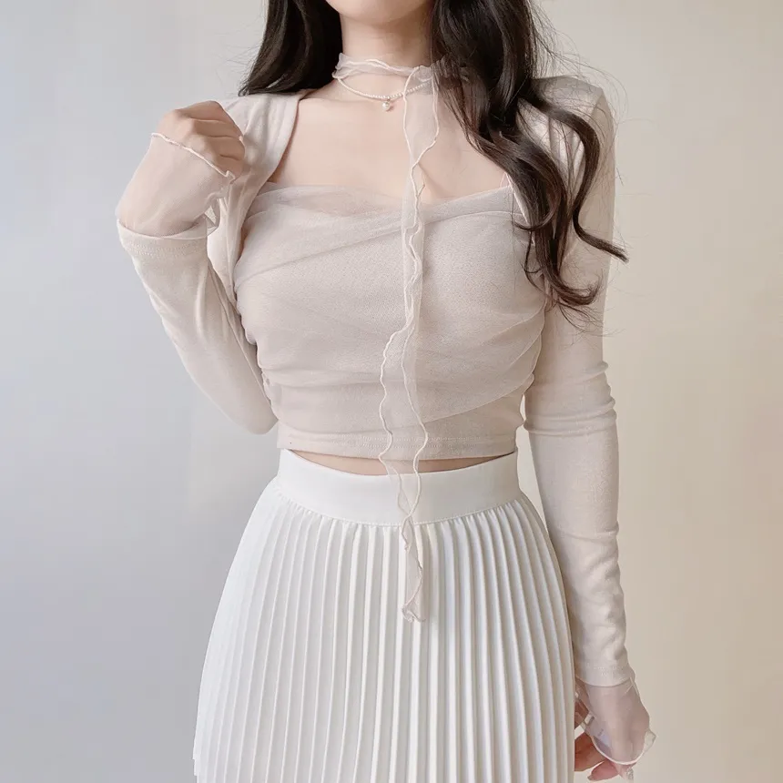 チュールシャーリングクロップドアンサンブルボレロカーディガンキャミソールストラップ付 | mirangmirang | 詳細画像22