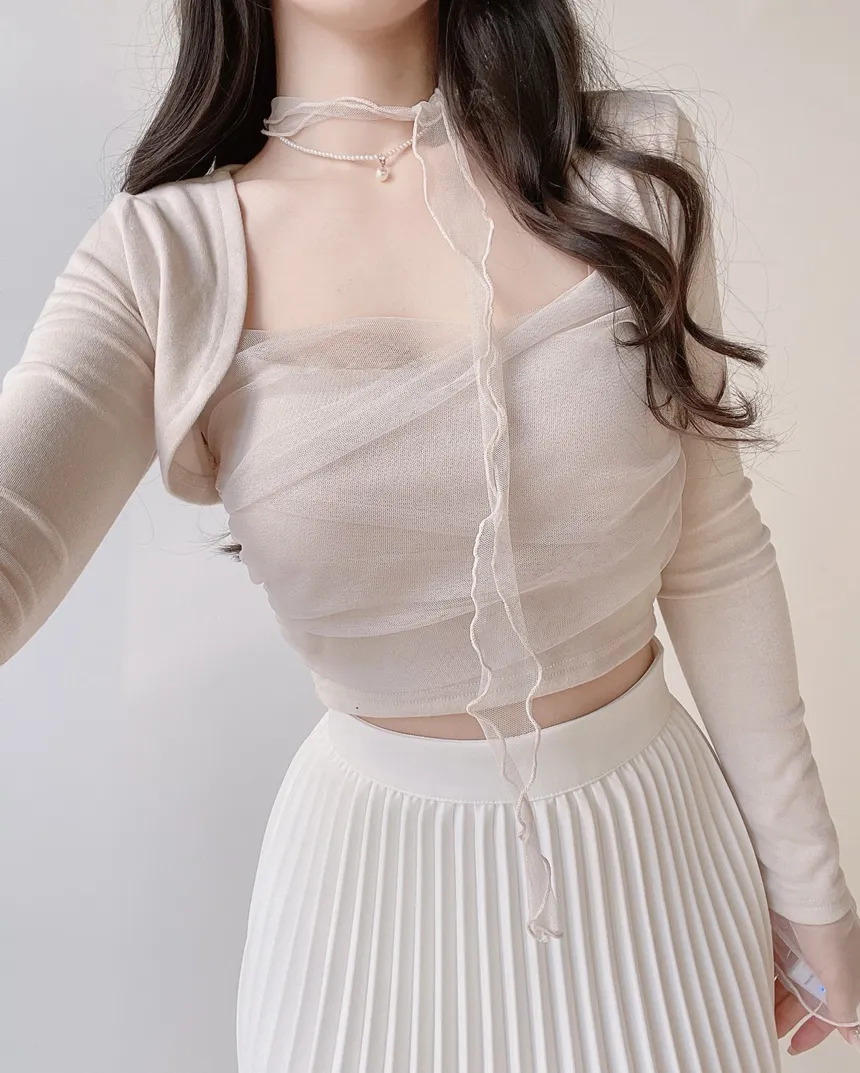 チュールシャーリングクロップドアンサンブルボレロカーディガンキャミソールストラップ付 | mirangmirang | 詳細画像23