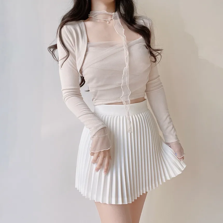 チュールシャーリングクロップドアンサンブルボレロカーディガンキャミソールストラップ付 | mirangmirang | 詳細画像26