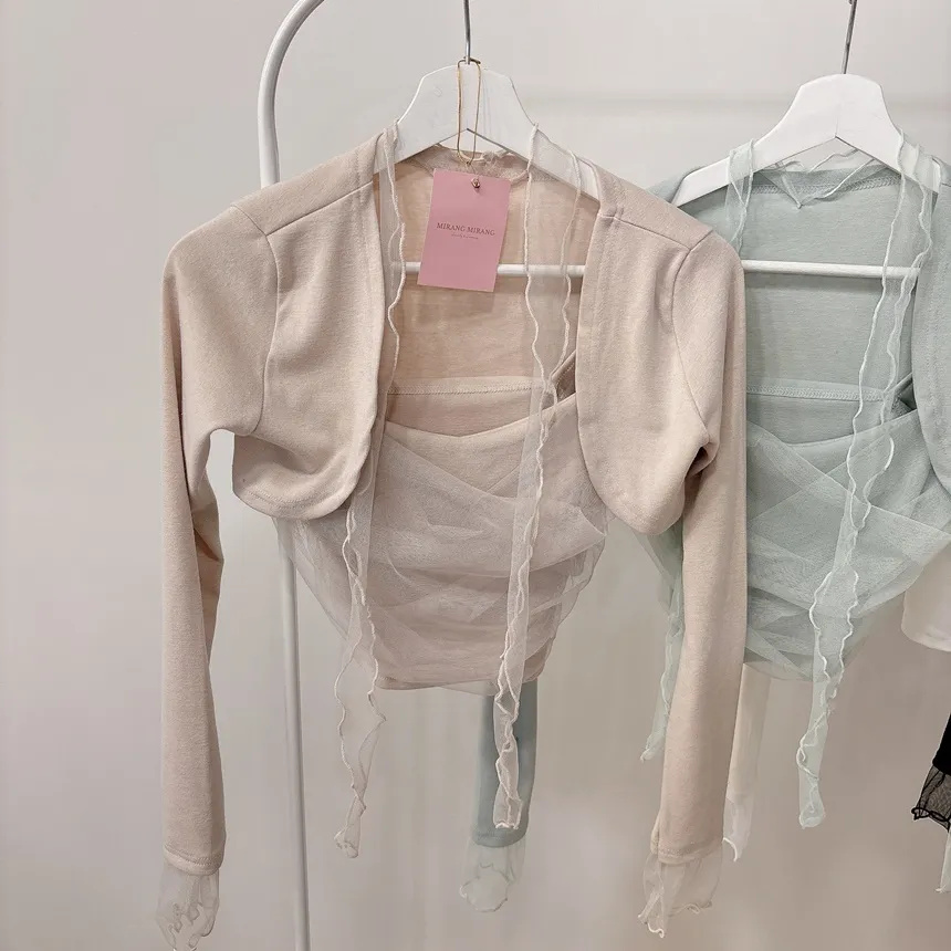 チュールシャーリングクロップドアンサンブルボレロカーディガンキャミソールストラップ付 | mirangmirang | 詳細画像39