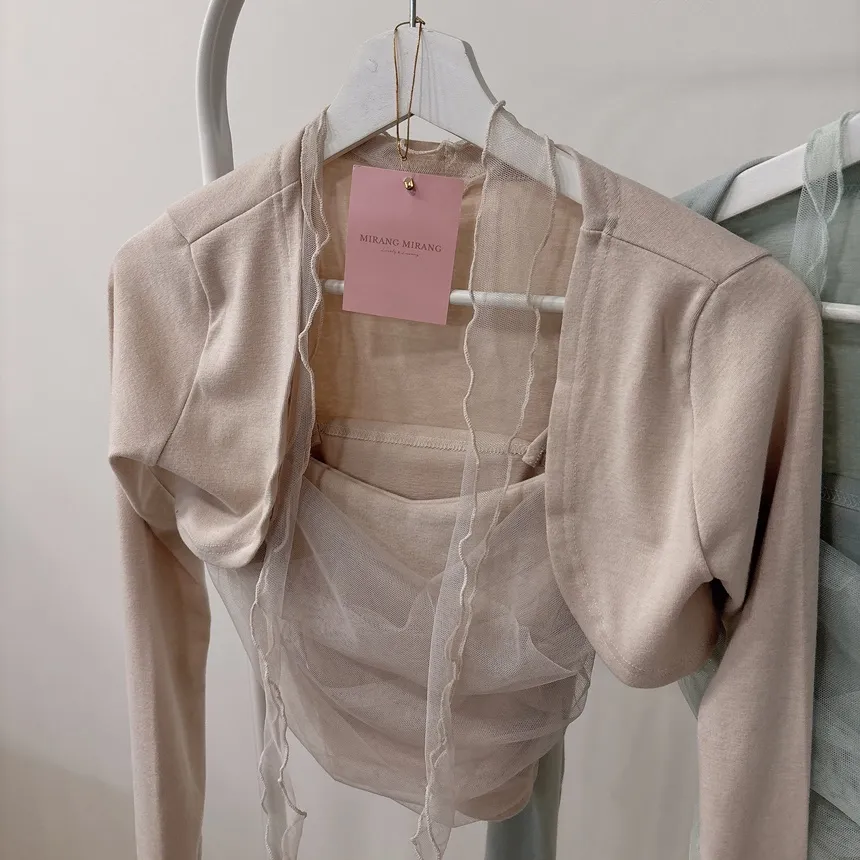 チュールシャーリングクロップドアンサンブルボレロカーディガンキャミソールストラップ付 | mirangmirang | 詳細画像40