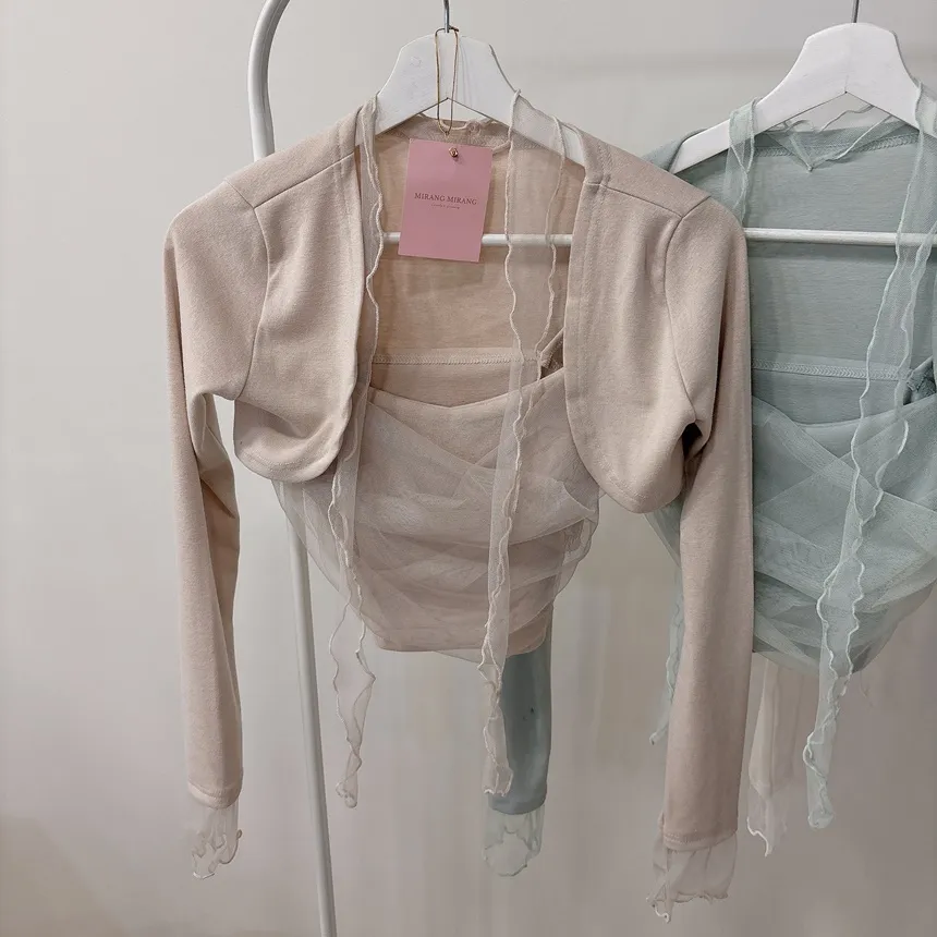 チュールシャーリングクロップドアンサンブルボレロカーディガンキャミソールストラップ付 | mirangmirang | 詳細画像43