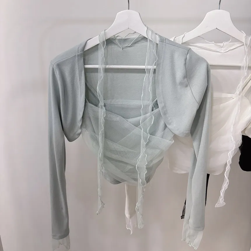 チュールシャーリングクロップドアンサンブルボレロカーディガンキャミソールストラップ付 | mirangmirang | 詳細画像44