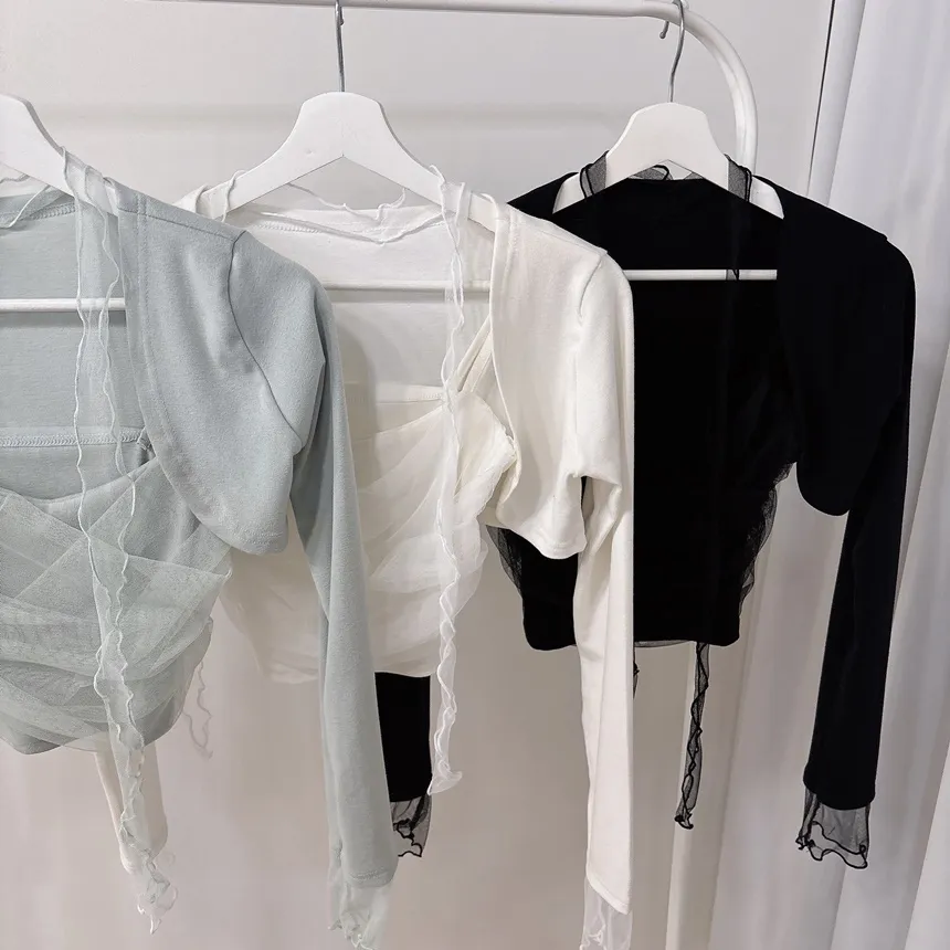 チュールシャーリングクロップドアンサンブルボレロカーディガンキャミソールストラップ付 | mirangmirang | 詳細画像45