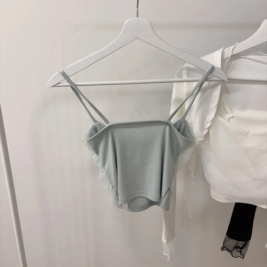 チュールシャーリングクロップドアンサンブルボレロカーディガンキャミソールストラップ付 | mirangmirang | 詳細画像48