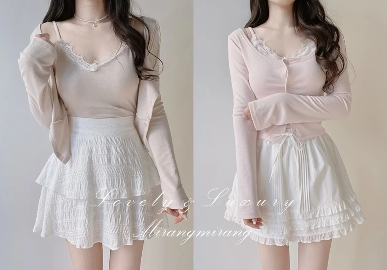 レースUネックセミクロップドアンサンブルキャミソールカーディガン | mirangmirang | 詳細画像1