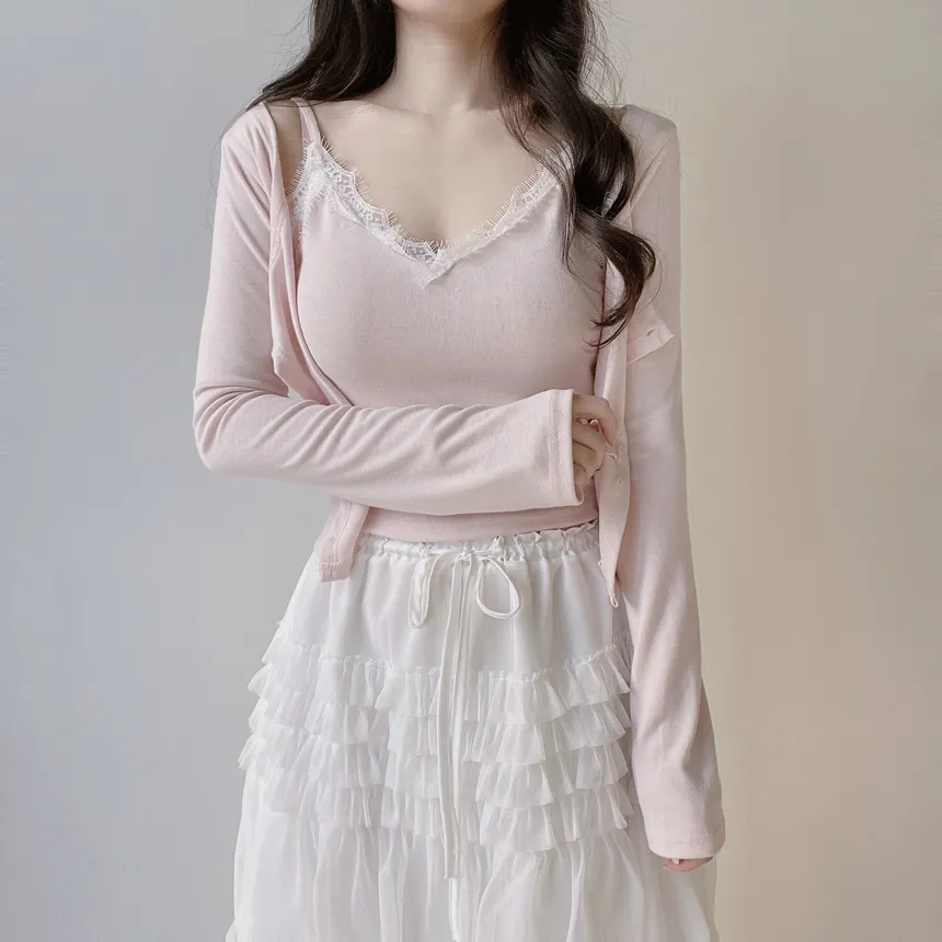 レースUネックセミクロップドアンサンブルキャミソールカーディガン | mirangmirang | 詳細画像3