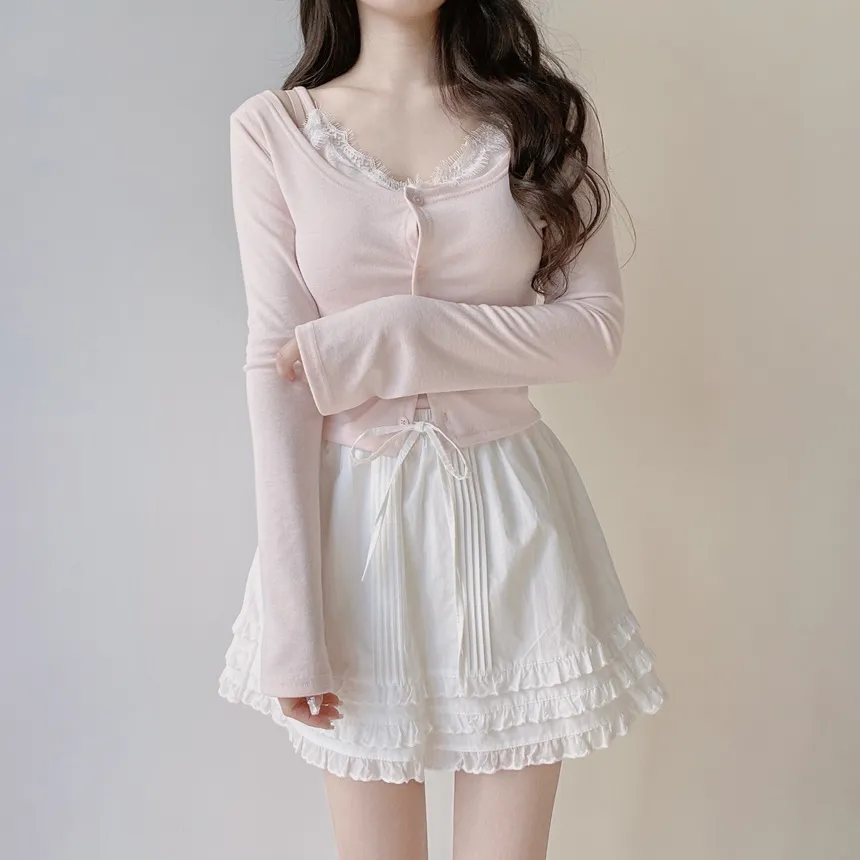 レースUネックセミクロップドアンサンブルキャミソールカーディガン | mirangmirang | 詳細画像8