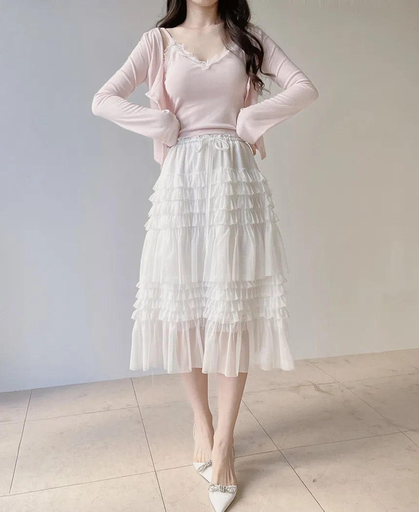 レースUネックセミクロップドアンサンブルキャミソールカーディガン | mirangmirang | 詳細画像11