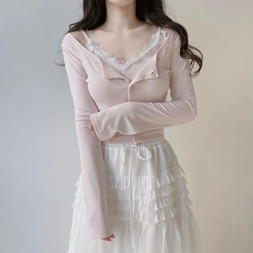 レースUネックセミクロップドアンサンブルキャミソールカーディガン | mirangmirang | 詳細画像14