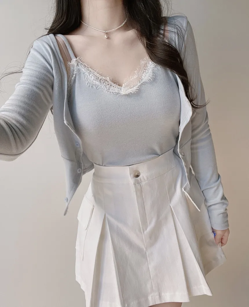 レースUネックセミクロップドアンサンブルキャミソールカーディガン | mirangmirang | 詳細画像15