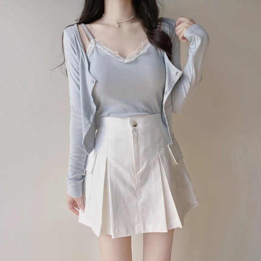 レースUネックセミクロップドアンサンブルキャミソールカーディガン | mirangmirang | 詳細画像16