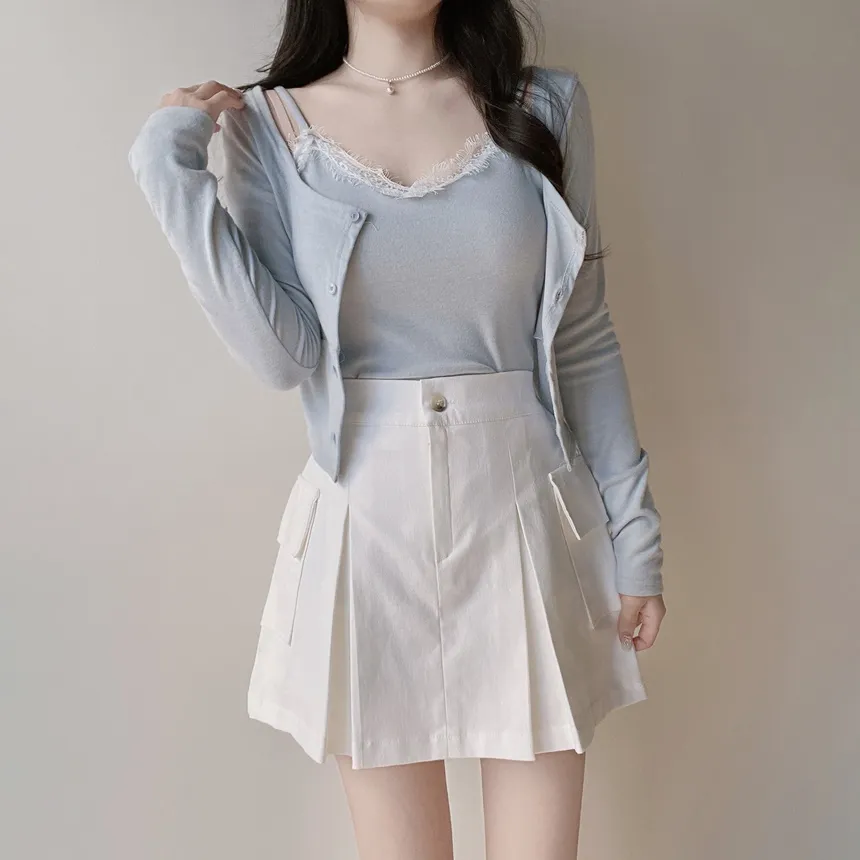 レースUネックセミクロップドアンサンブルキャミソールカーディガン | mirangmirang | 詳細画像18