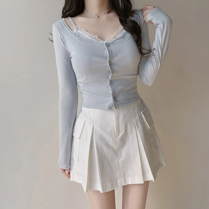 レースUネックセミクロップドアンサンブルキャミソールカーディガン | mirangmirang | 詳細画像20