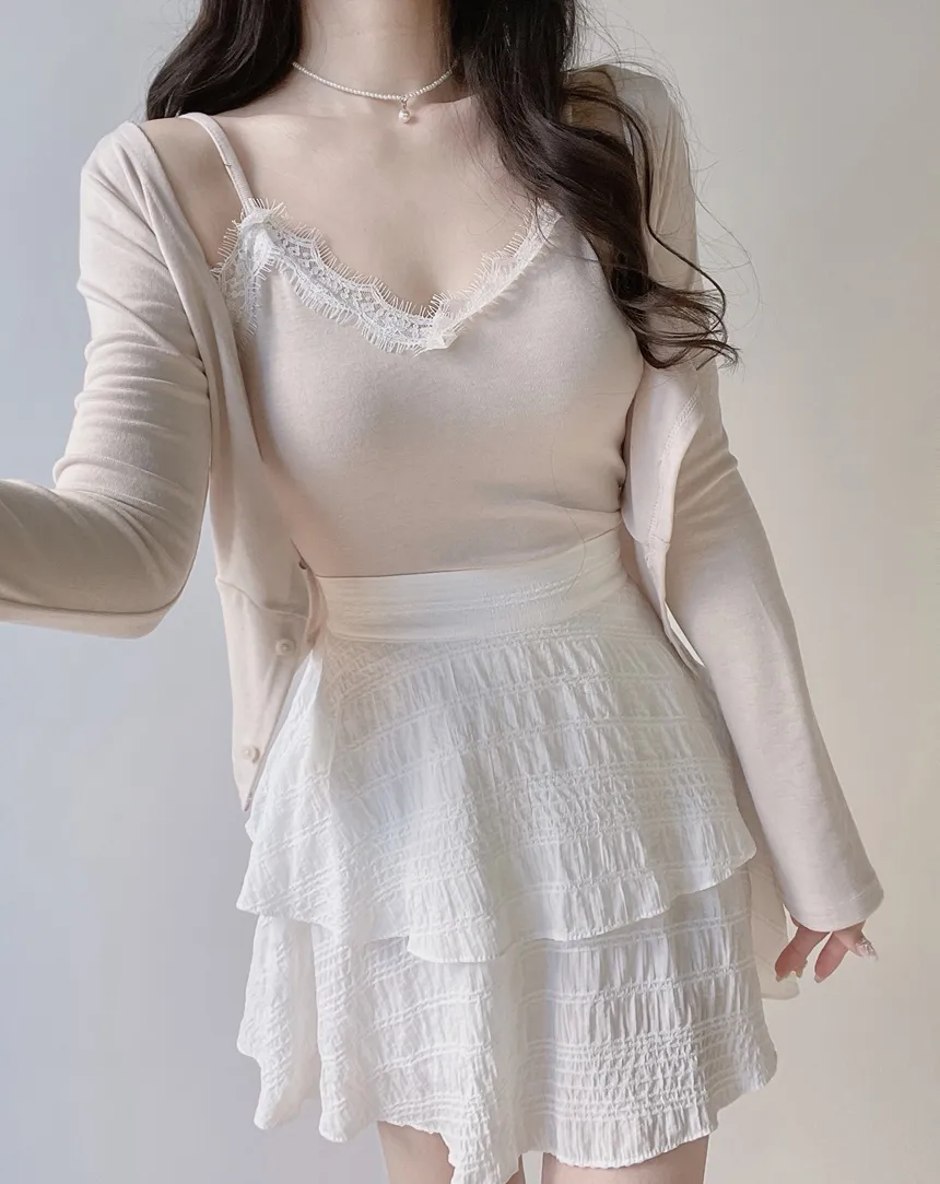 レースUネックセミクロップドアンサンブルキャミソールカーディガン | mirangmirang | 詳細画像22