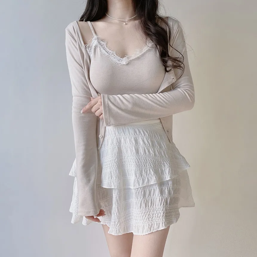 レースUネックセミクロップドアンサンブルキャミソールカーディガン | mirangmirang | 詳細画像23