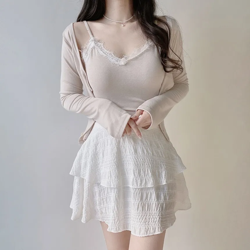 レースUネックセミクロップドアンサンブルキャミソールカーディガン | mirangmirang | 詳細画像24