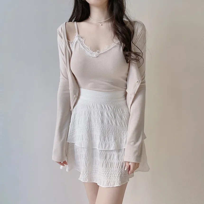 レースUネックセミクロップドアンサンブルキャミソールカーディガン | mirangmirang | 詳細画像25