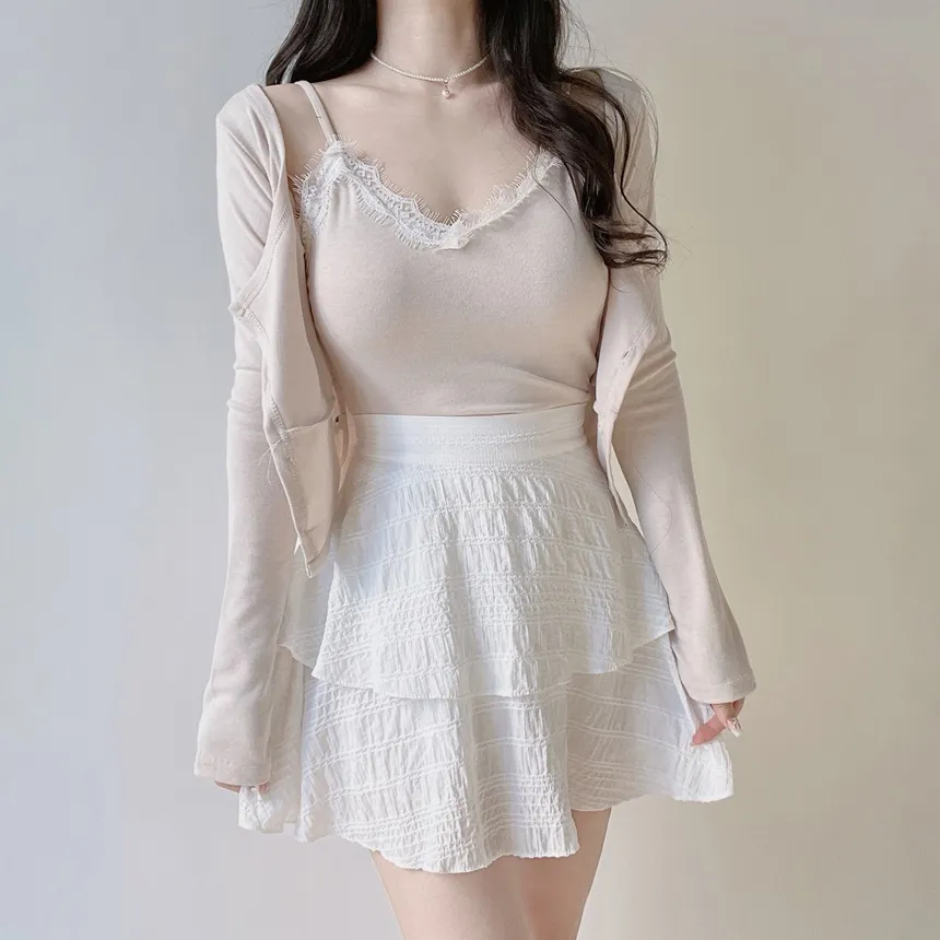 レースUネックセミクロップドアンサンブルキャミソールカーディガン | mirangmirang | 詳細画像26