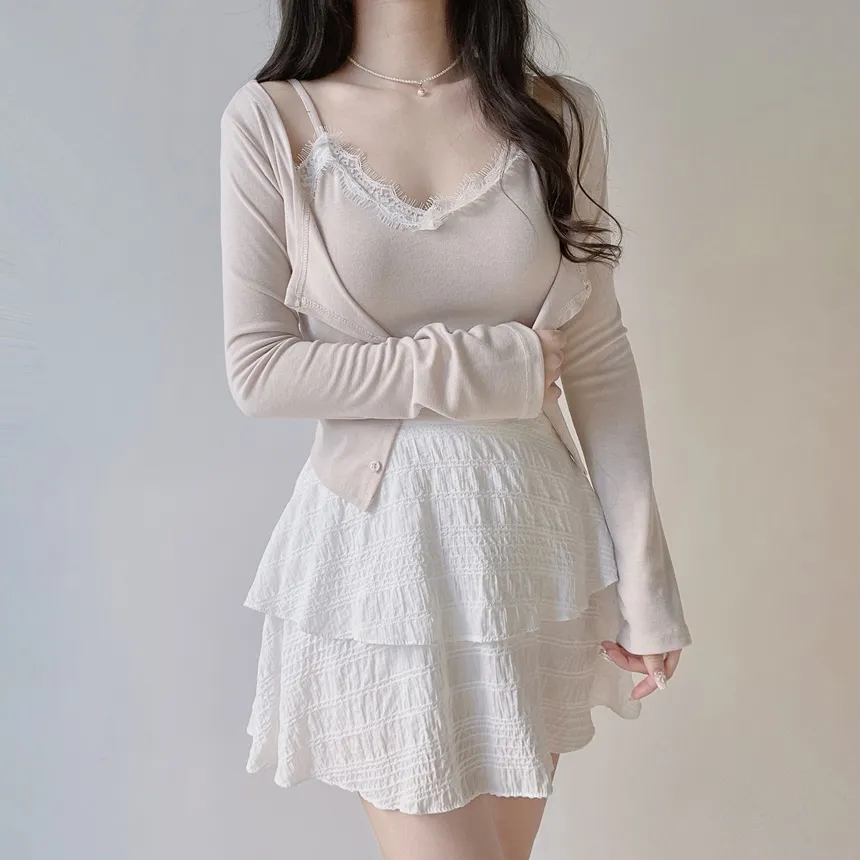 レースUネックセミクロップドアンサンブルキャミソールカーディガン | mirangmirang | 詳細画像27