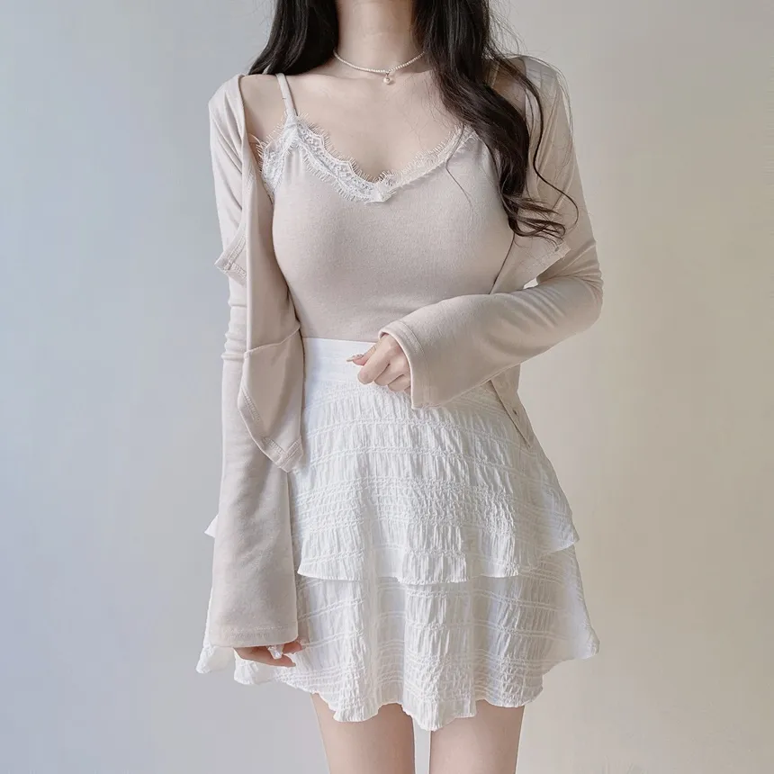 レースUネックセミクロップドアンサンブルキャミソールカーディガン | mirangmirang | 詳細画像28