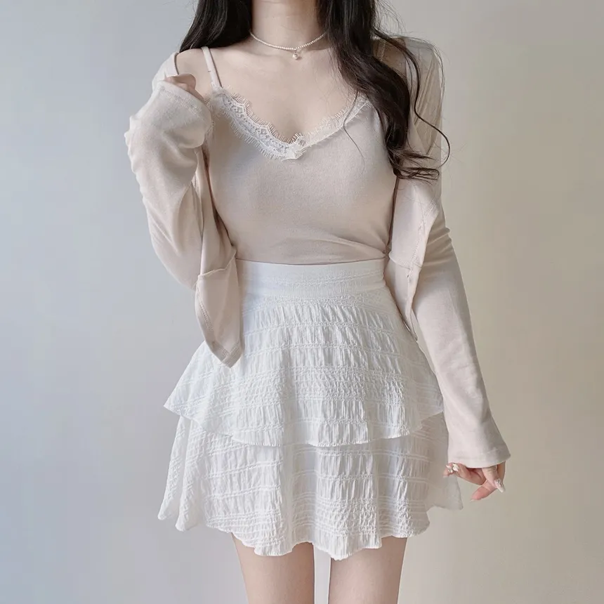 レースUネックセミクロップドアンサンブルキャミソールカーディガン | mirangmirang | 詳細画像29