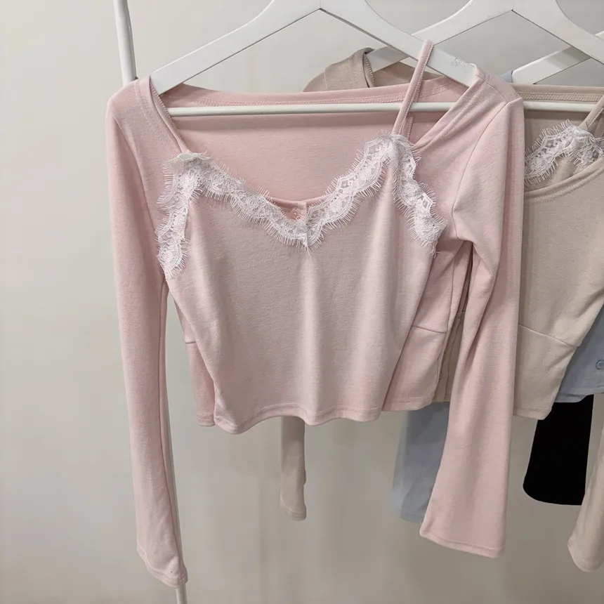 レースUネックセミクロップドアンサンブルキャミソールカーディガン | mirangmirang | 詳細画像31