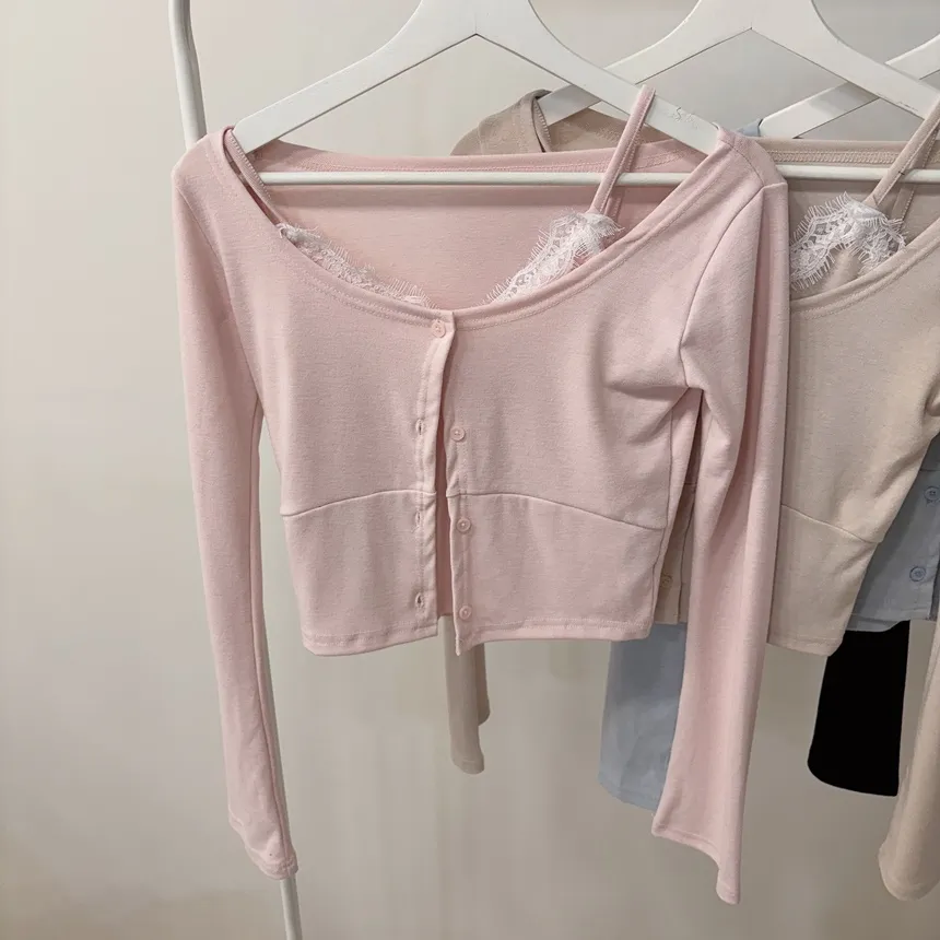 レースUネックセミクロップドアンサンブルキャミソールカーディガン | mirangmirang | 詳細画像34