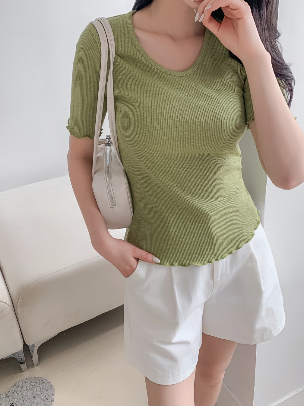 リブラウンドネックメロウスリム半袖無地Tシャツ | 詳細画像6