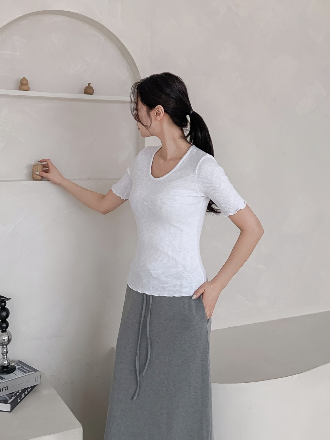 リブラウンドネックメロウスリム半袖無地Tシャツ | 詳細画像12